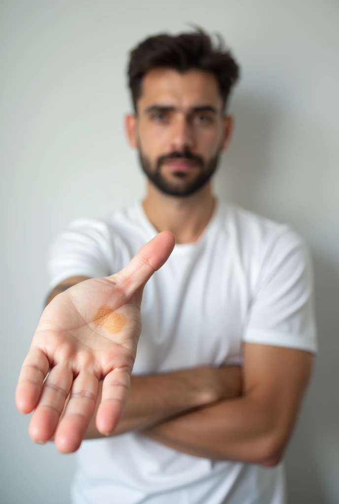 Mole on elbow  of man wearing white tshirt

