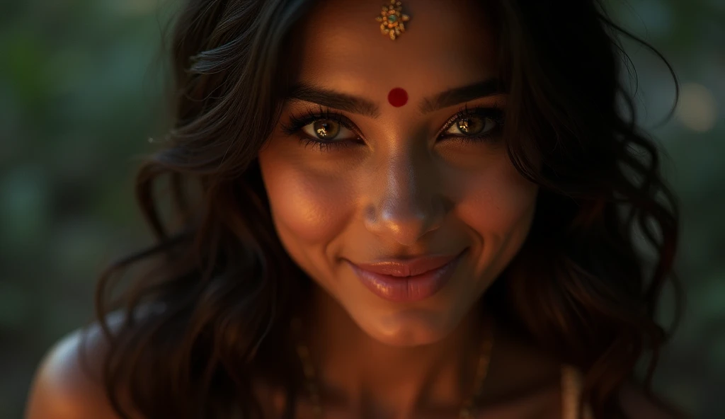 a beautiful mysterious Indian happy woman, queen, intricate detailed face, piercing eyes, long eyelashes, delicate skin, natural beauty, flowing hair, candid elegant pose, dramatic lighting, cinematic mood, vibrant color palette, chiaroscuro lighting, high quality, photorealistic, 8k, intricate details, professional rendering