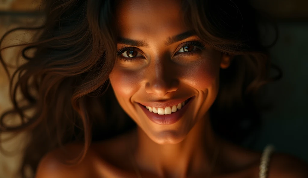 a beautiful mysterious Indian happy woman, queen, intricate detailed face, piercing eyes, long eyelashes, delicate skin, natural beauty, flowing hair, candid elegant pose, dramatic lighting, cinematic mood, vibrant color palette, chiaroscuro lighting, high quality, photorealistic, 8k, intricate details, professional rendering