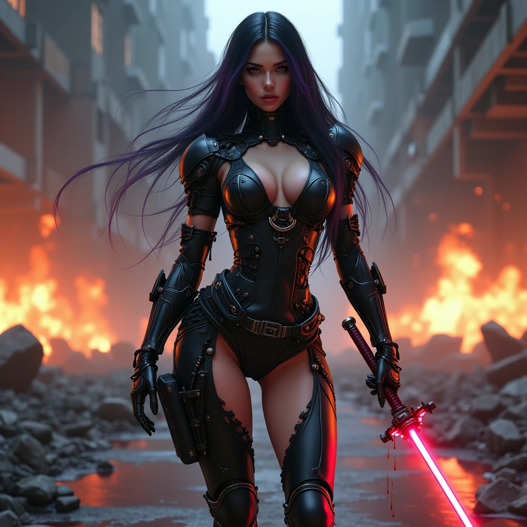 full body pose, wearing a mechanical suit, high heel boots,Mechanical wonder, Cyberpunk, Cybernetic Guardian, futuristic black armor, full body, front pose, symmetry, intricate (steel metal [rust]), joints, warframe style, cyborg, Most beautiful female body and revealing armor, large breast, seductive, temptation, eat your soul, cleavage, covered in blood, long flowing black hair with purple highlights, heavy gothic makeup, sith queen, evil empress, at night, blood puddles on the ground, wartorn ruins, stiletto heels, Holding a laser sword, full body action pose, full body combat pose, full war around her, explosions and fire 