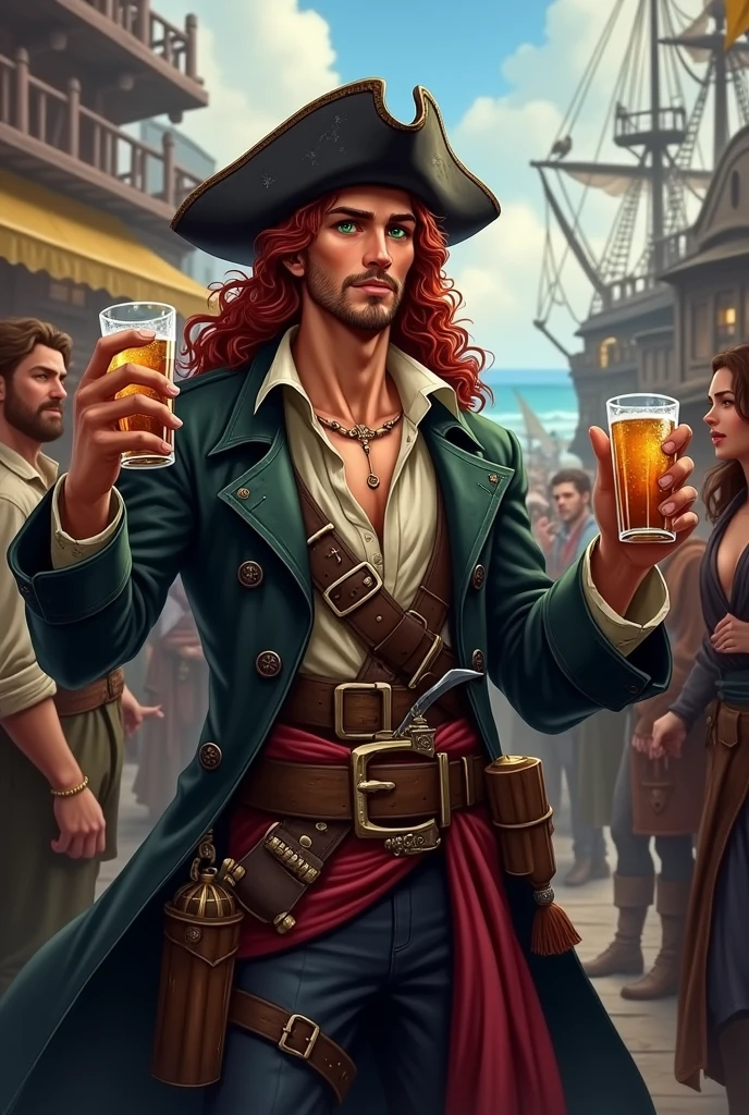 A young pirate, full body DnD style. A young pirate in his thirties, with long, curly dark red hair, he doesn&#39;t have a beard, and dark green eyes. He wears a dark pirate trench coat with a light unbuttoned shirt and a damaged vest., on his head an old damaged black leather hat. Around his waist he wears a sash with a belt and two pirate cutlasses on top.. He is having fun drinking with a cheerful look together with other young sailors in the pub while in the background there are various ships of a pirate port.