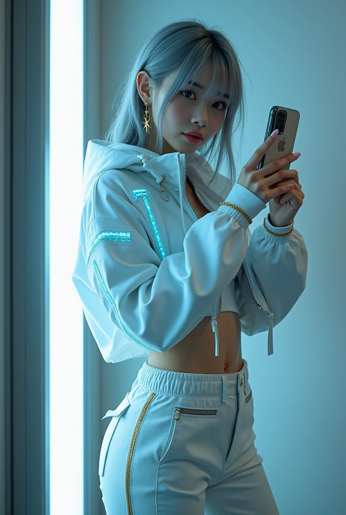 highly detailed, beautiful, hyper Realistic girl, masterpiece, best quality, Depict a mysterious and sophisticated beautiful Japanese gravure model,, 28-years-old, identity hidden, all body shot, / gray arranged hair, small head, Detailed face, cute and Pretty slim face, wide Duck mouth, perfect beautiful Tooth, arranged gray hair, shiny eyes, blue-colored eyes, Realistic skin, Detailed face, / Here’s a chic and futuristic costume design based on a cyberpunk jogger theme:
Top: A white cropped over sized jacket with luminescent blue circuitry patterns and silver badges, blending cyberpunk and authority. The jacket features a high collar and zippered front for a sleek look.
Bottoms: Slim, high-waisted short Leggings with striped Knee-high socks, with zettai ryouiki, holographic side stripes, and functional cargo pockets, offering both style and utility.
Footwear: white, sleek Sneaker with neon blue Thick soles and reinforced ankles, ensuring both durability and a cutting-edge appearance.
Accessories: A minimalistic belt with gold buckles, matching gold earrings, and LED-enhanced gloves, all exuding a powerful and authoritative presence. //// simple white single room, gray frame mirror, complicated background /// takes a selfie in her room using a smartphone in front of a mirror with one hand, standing and fashion model Posing, all body below shot, looking away from the camera,