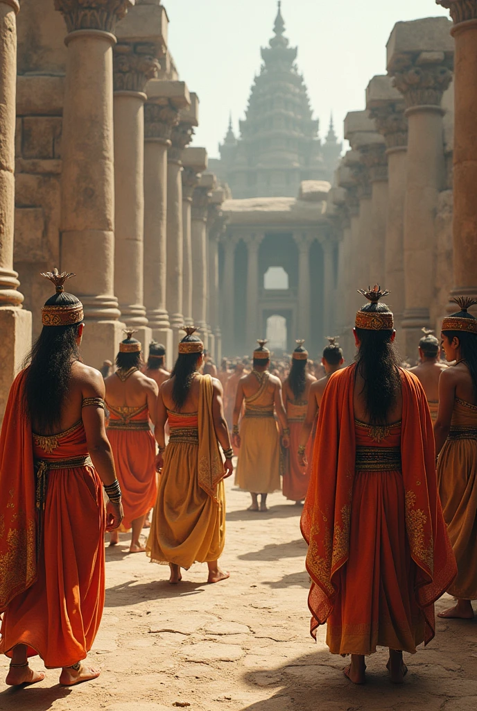 "Historical reenactment scene at Mahasthangarh, featuring individuals dressed in traditional attire from the 3rd century BCE, interacting around the ancient ruins."