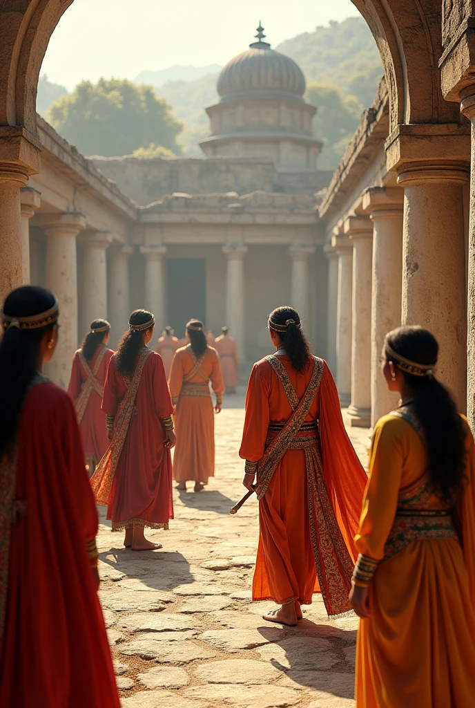 "Historical reenactment scene at Mahasthangarh, featuring individuals dressed in traditional attire from the 3rd century BCE, interacting around the ancient ruins."