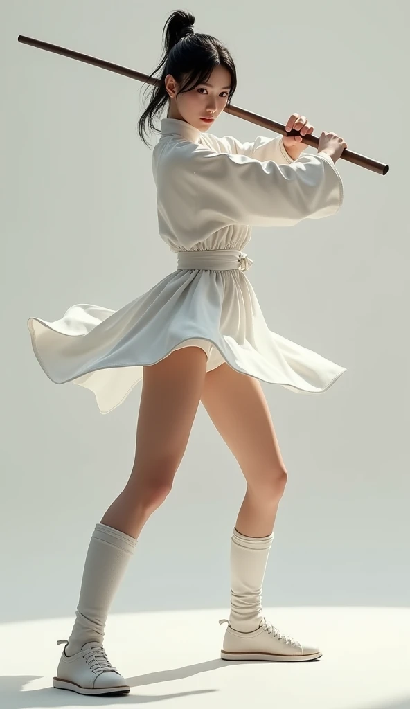 Super realistic, High Detail Face, Clean and delicate face, wide shot, 1 lady, whole body, Swing a Three-section staff with both hands, Black ponytail, parted bangs, wearing a white mini Kung Fu costume, Thighs, Gaiters around shins, Kung Fu shoes, glaring at the viewer, simple color background