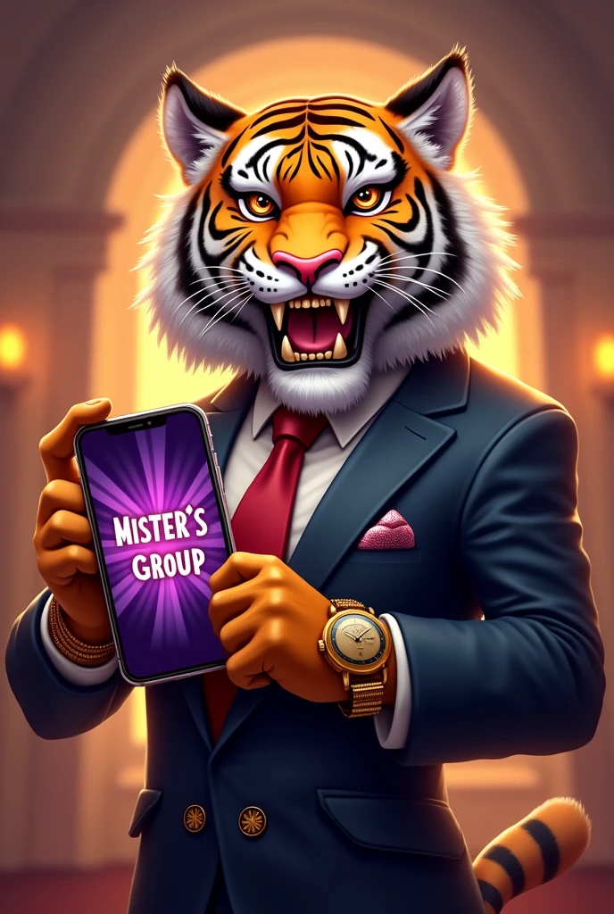 Fortune tiger slot pg game character holding a phone , showing the screen, written MISTER'S GROUP