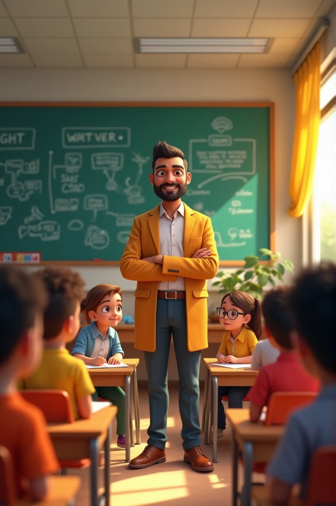 Image Description: A new classroom scene where Rajoo stands proudly in front of a group of children, teaching them lessons about morals and good behavior, with a chalkboard filled with positive messages.