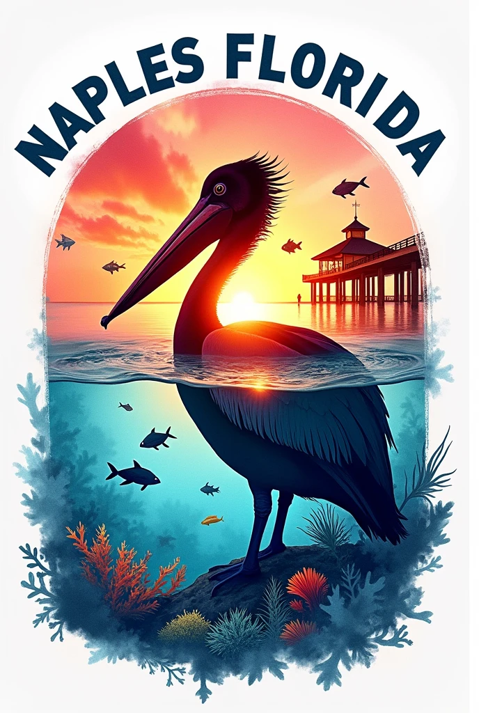 outline of a pelican, with the Naples pier, a sunset and sea life inside it, with the words "NAPLES FLORIDA" in a arc above the image, vibrant colors, bright & colorful, ultra-high-resolution graphics, watercolor, on a white background