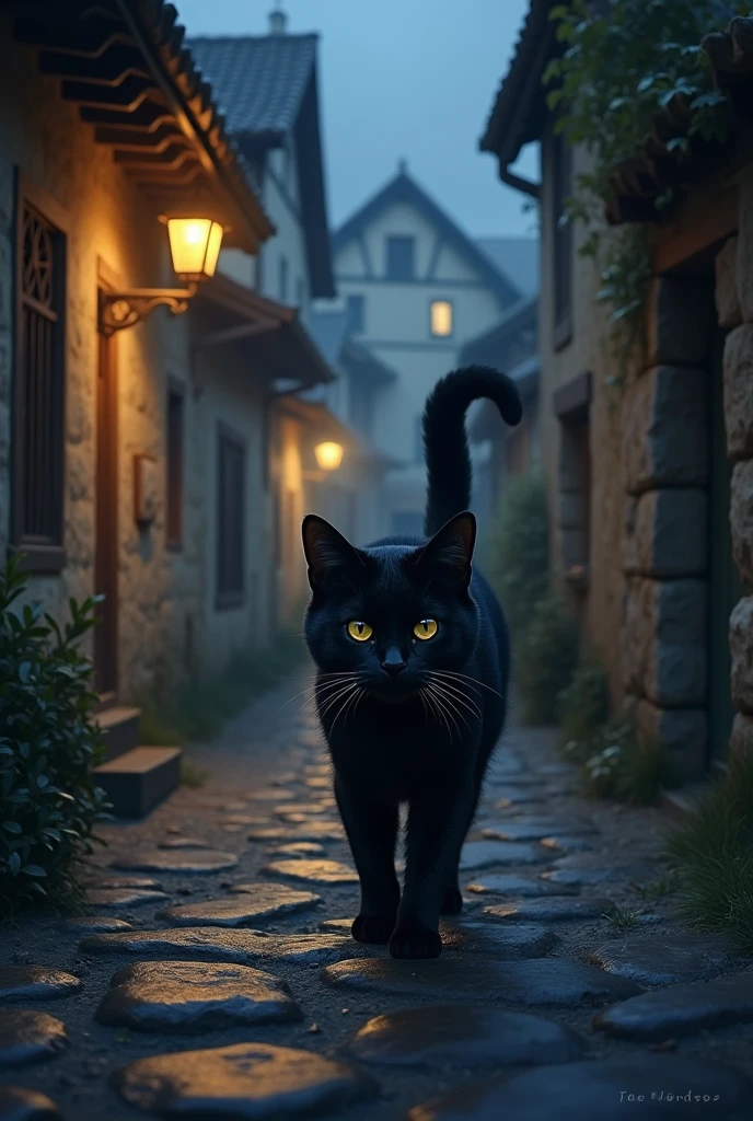 A black cat in night in village street low light