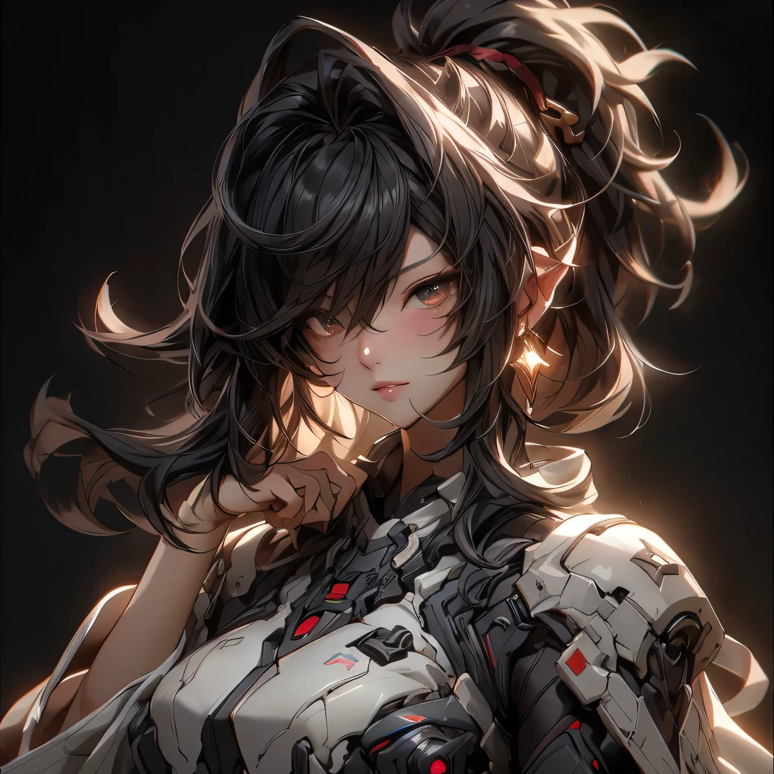 (best quality)), ((Masterpiece)), (details:1.4), 3d, HDR (high dynamic range), an image of a beautiful cyberpunk female, fantasy, Brown hair, High ponytail, Golden eyes, จมูกโด่ง, ปากแดง, หน้าอกใหญ่, nvidia RTX, PBR surface, After processing, Anisotropic filtration,depth of field, Maximum clarity and clarity, multi-layered surface, Subsurface scattering, perfect proportions, 8K raw files, ultra detailed, Perfect proportions, volumetric lighting, soft lighting, Holy Paladin, Heavy Red Armor, glossy skin, castle background, jewely, ต่างหู, นิ้วมือสมบูรณ์,