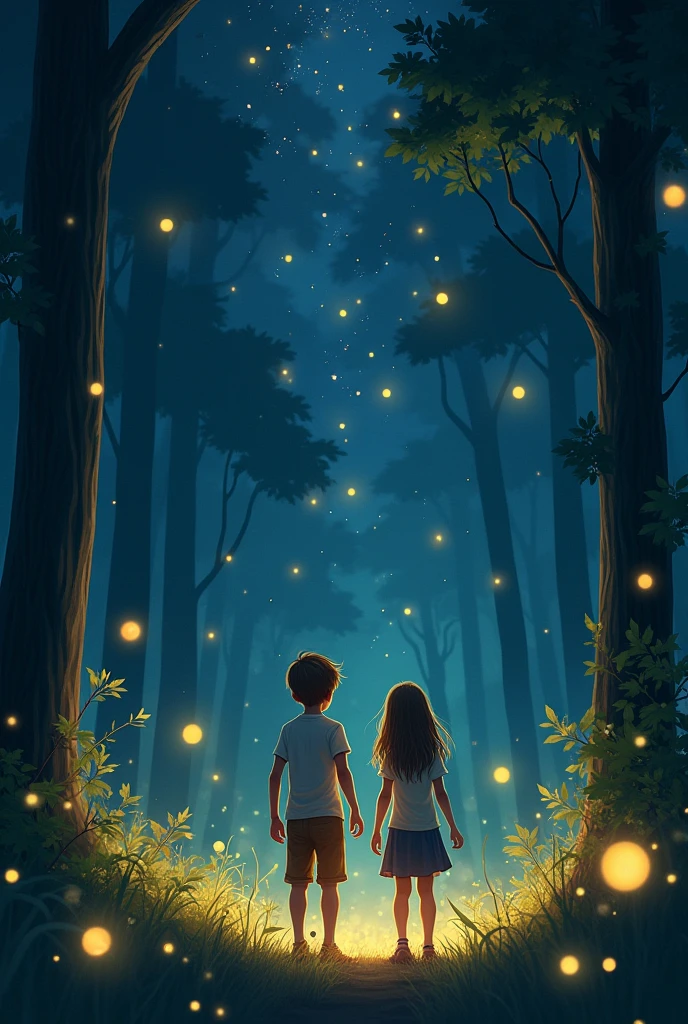 Boy and girl watching fire flies at night in a forest
