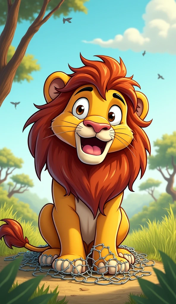 The lion is freed from the net, looking surprised and thankful.
Show as cartoons