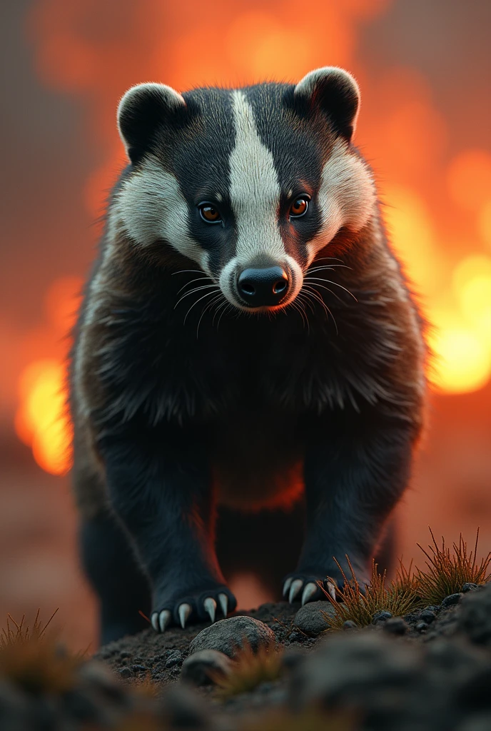 Last stand feral badger green black fur red eyes. Fire in background, focus on european badger, friendly badger, bunker in background, elevated pov