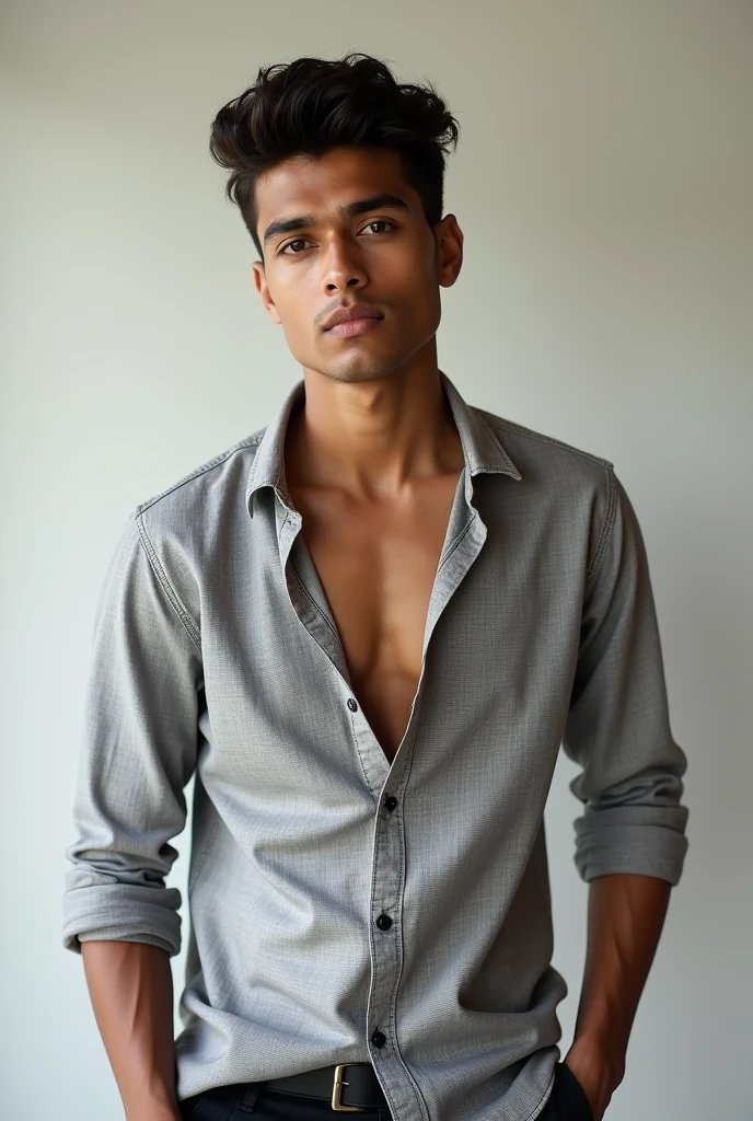 20 year old Indian boy with fair skin wearing chek shirt and narrow body posing for model shoot
