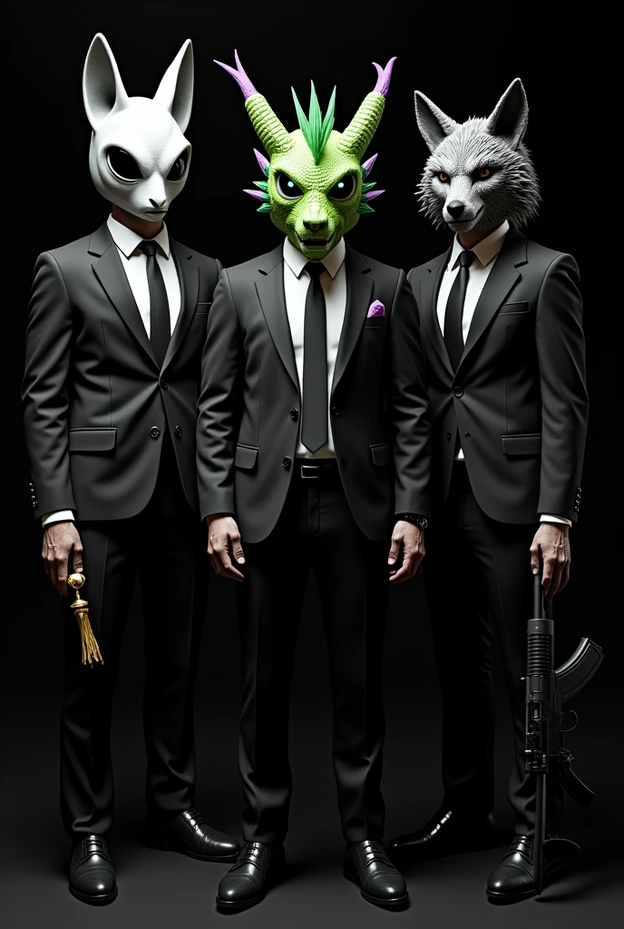 3 men in suits with super realistic masks , One is of a right wing dragon with green hair and purple tips , in his hand a marijuana cigarette,with red and slanted eyes a marma in the other golden hand, a grey wolf with bars stopped ,in the middle and with an ak-47 in his hand , an alien on the left in grey, the 3 standing in elegant black suits, Black background