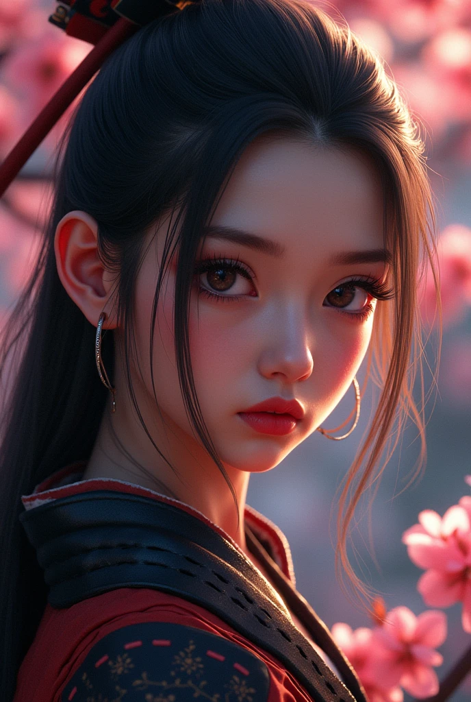 detailed portrait of a young female demon slayer, beautiful detailed eyes, beautiful detailed lips, extremely detailed face and eyes, long eyelashes, determined expression, japanese samurai armor, katana sword, cherry blossoms, dark moody lighting, dramatic cinematic lighting, vibrant colors, digital art, concept art, highly detailed, 8k, photorealistic, masterpiece text "Demon Slayer"
