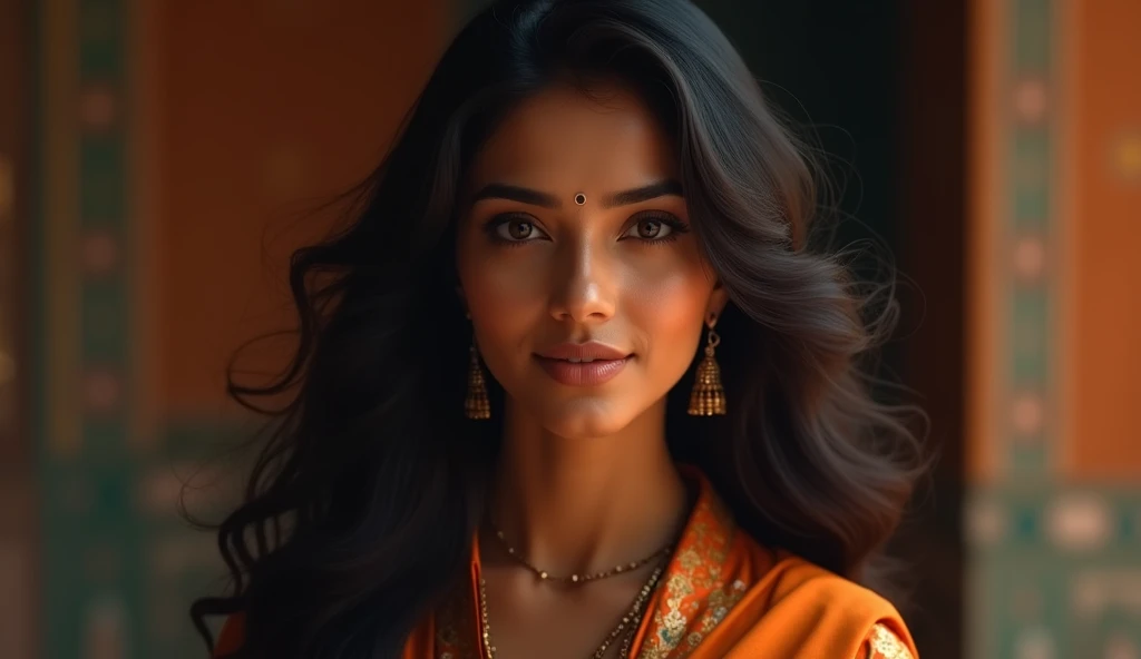 a beautiful mysterious Indian happy woman, queen, intricate detailed face, piercing eyes, long eyelashes, delicate skin, natural beauty, flowing hair, candid elegant pose, dramatic lighting, cinematic mood, vibrant color palette, chiaroscuro lighting, high quality, photorealistic, 8k, intricate details, professional rendering