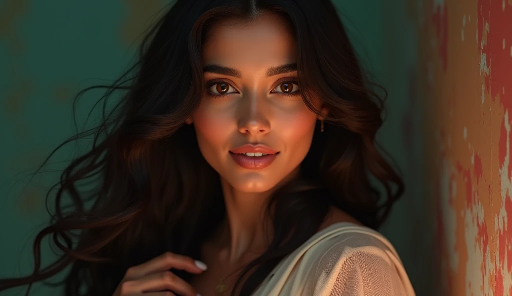 a beautiful mysterious Indian happy woman, queen, intricate detailed face, piercing eyes, long eyelashes, delicate skin, natural beauty, flowing hair, candid elegant pose, dramatic lighting, cinematic mood, vibrant color palette, chiaroscuro lighting, high quality, photorealistic, 8k, intricate details, professional rendering