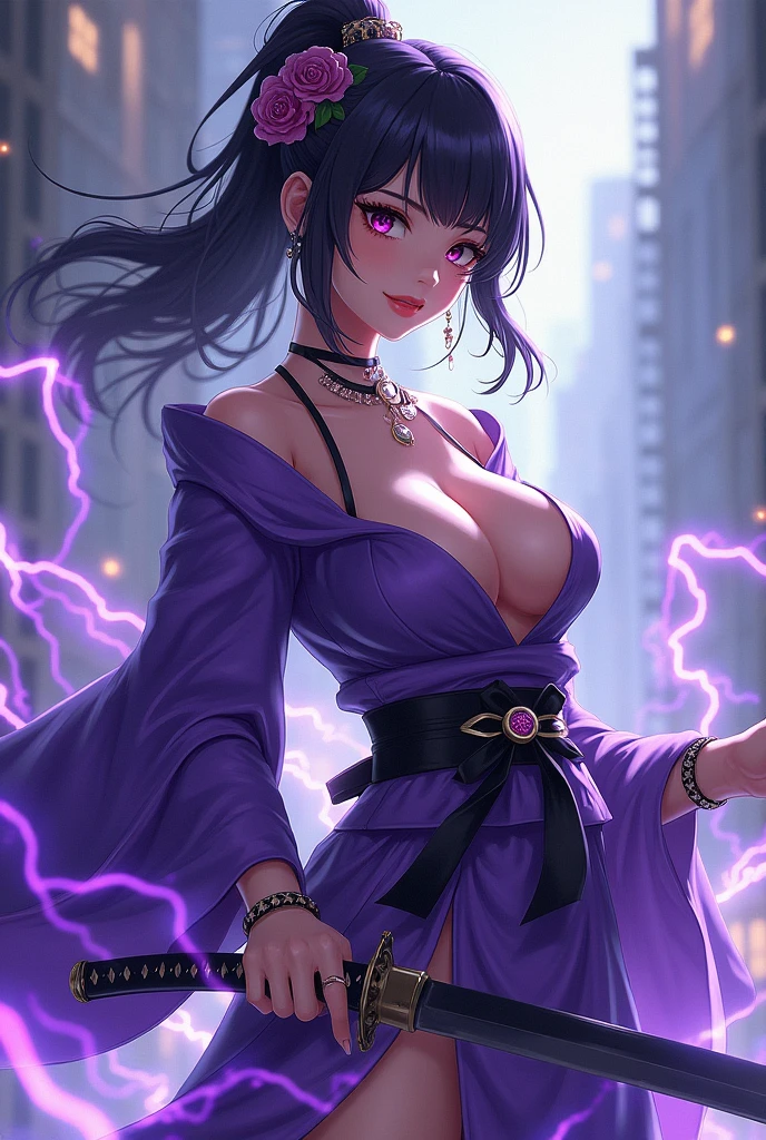 Realistic picture of a cosplay girl Create a character image in anime style as a sexy busty girl. she is a hunter A female character with a katana and slight electric powers and a haori. Which has a style of dress that is comparable to the hunter from the anime Raiden ei Genshin. The purple kimono clothes are similar to those of Raiden Genshin Impact, which includes a katana.