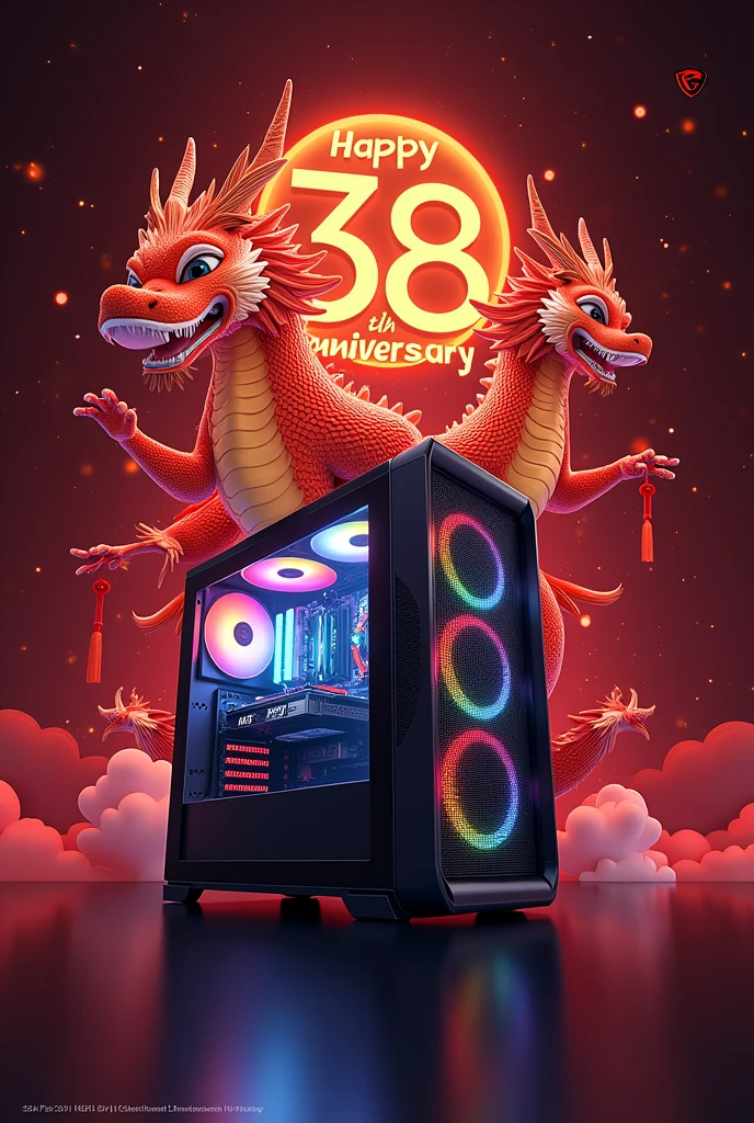 Generate a MSI anniversary card saying " happy 38 anniversary" featuring MSI Lucky dragon and MSI PC