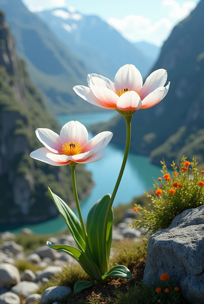 White flower with pink center and orange edges on a mountain near a river