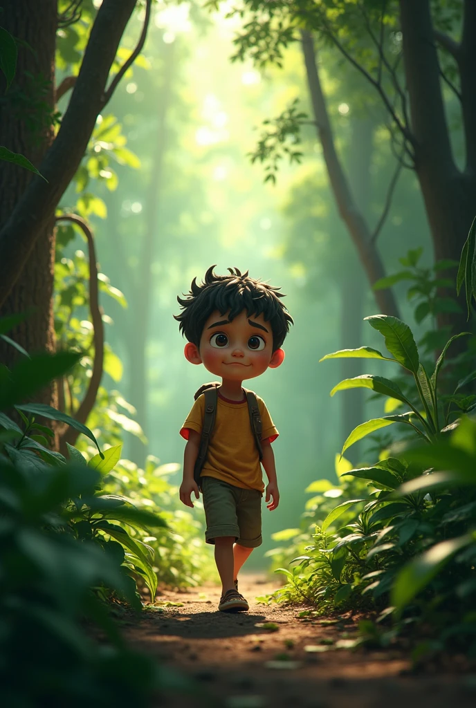 Ali walking in the jungle: A young boy named Ali is walking through a dense jungle, surrounded by tall trees and thick bushes. He looks curious but also a bit cautious.