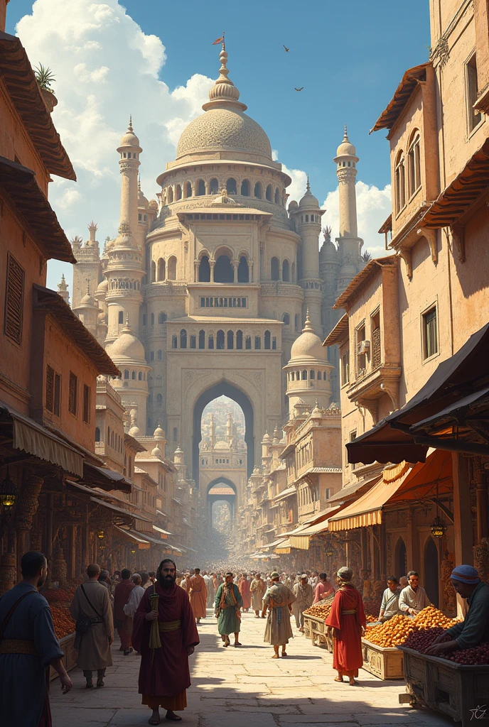 "Artistic illustration of Mahasthangarh as it might have looked during its peak, with bustling markets, ancient structures, and people engaged in daily activities."
