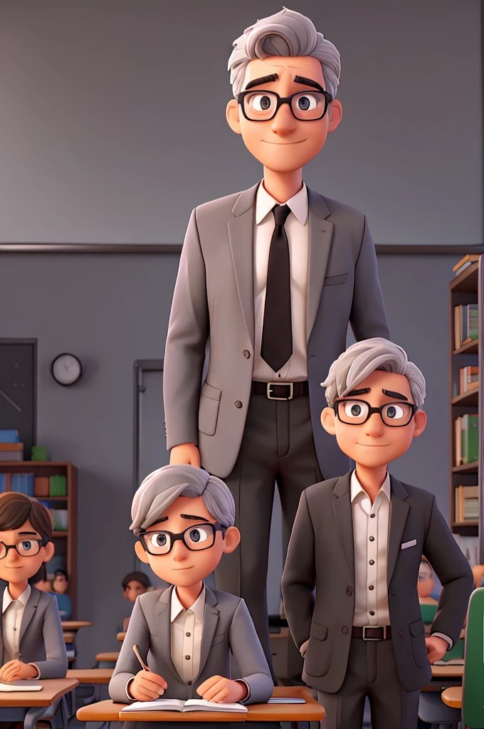 Male teacher, gray hair, black eyes, glasses, blazer without tie, classroom background, teacher explaining a subject, 4 images of the same character in different positions and scenarios
