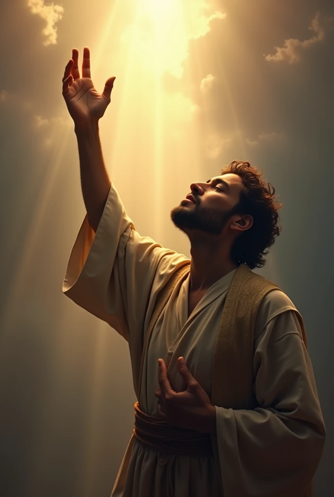 (photorealism:1.2), a man praying raising his right hand pointing to the illuminated sky
