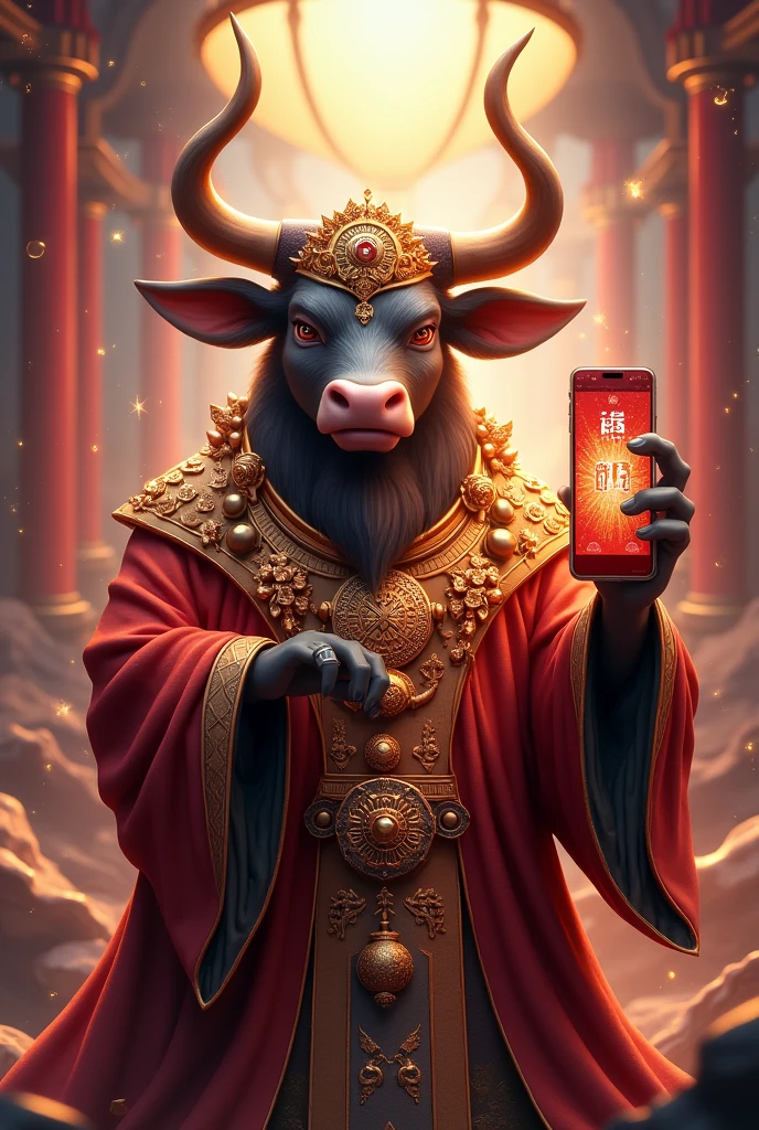 Fortune Ox slot pg game character holding a phone , showing the screen, written MISTER'S GROUP