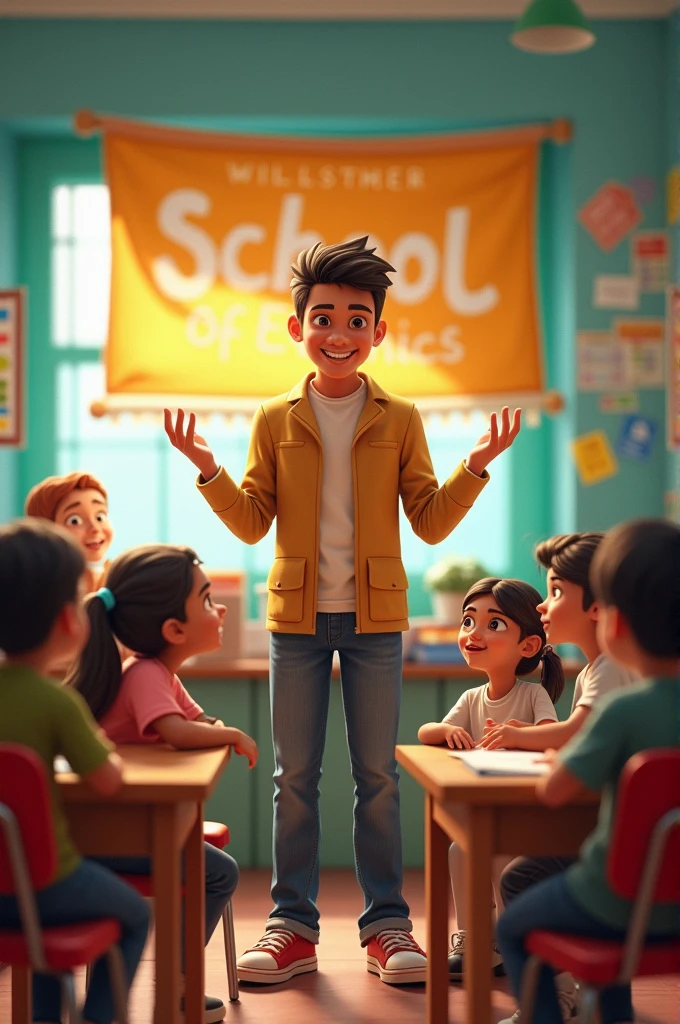 Image Description: Rajoo surrounded by children, laughing and learning together. A banner in the background reads “नैतिकता की पाठशाला”, symbolizing his success and change.