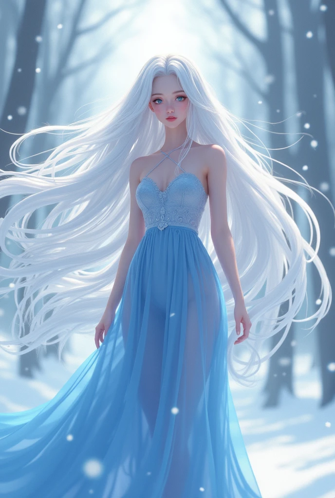 Anime girl with long white hair and a blue dress in the snow., White haired deity, white hair floating in the air, anime fantasy illustration, flowing white hair, beautiful young wind spirit, beautiful fantasy anime, loose and shiny hair, ethereal anime, beautiful anime illustrations, beautiful digital artwork, anime fantasy illustrations, ((a beautiful fantasy empress)), 2. 5 d cgi anime fantasy illustrations