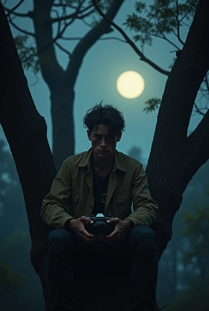 João Guilherme in a forest at night, with some bruises, sitting in a tree with a camera in his hand