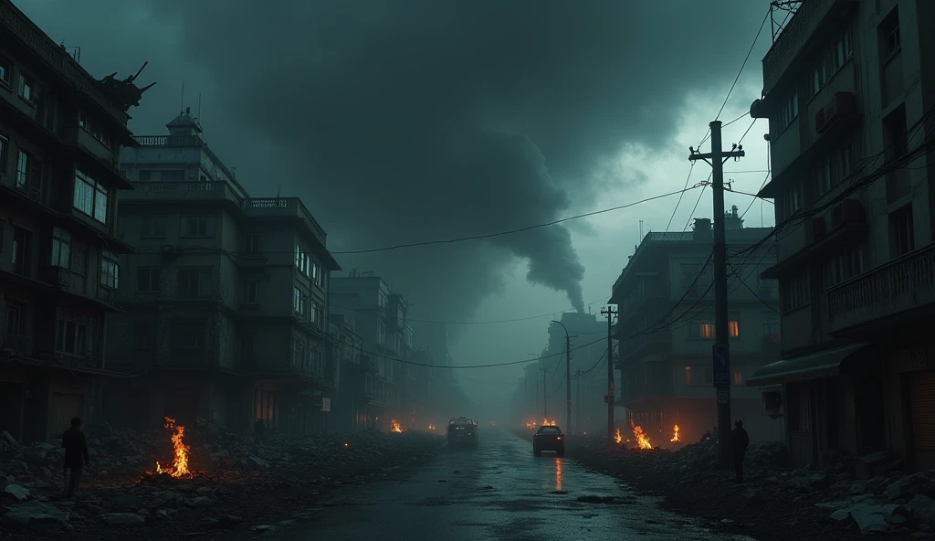 Create an ultra-realistic image of an apocalypse known as 'Three Days of Darkness'. The setting should portray a dense and oppressive atmosphere, with a sky completely covered by thick, dark clouds, blocking any light. Streets and buildings are plunged into complete darkness, with only the glow of scattered fires and occasional flashes of lightning partially illuminating the scene. The urban environment is devastated, with damaged and abandoned buildings, destroyed vehicles and scattered debris. The effect should convey a deep sense of desolation and fear., with a dark and contrasting color palette that amplifies the feeling of a world in absolute collapse."