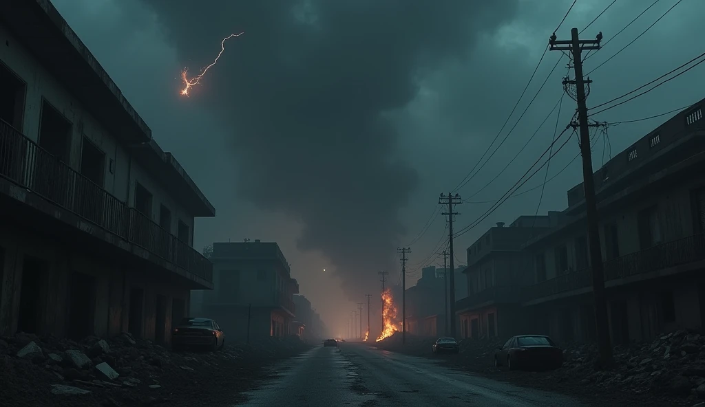 Create an ultra-realistic image of an apocalypse known as 'Three Days of Darkness'. The setting should portray a dense and oppressive atmosphere, with a sky completely covered by thick, dark clouds, blocking any light. Streets and buildings are plunged into complete darkness, with only the glow of scattered fires and occasional flashes of lightning partially illuminating the scene. The urban environment is devastated, with damaged and abandoned buildings, destroyed vehicles and scattered debris. The effect should convey a deep sense of desolation and fear., with a dark and contrasting color palette that amplifies the feeling of a world in absolute collapse."