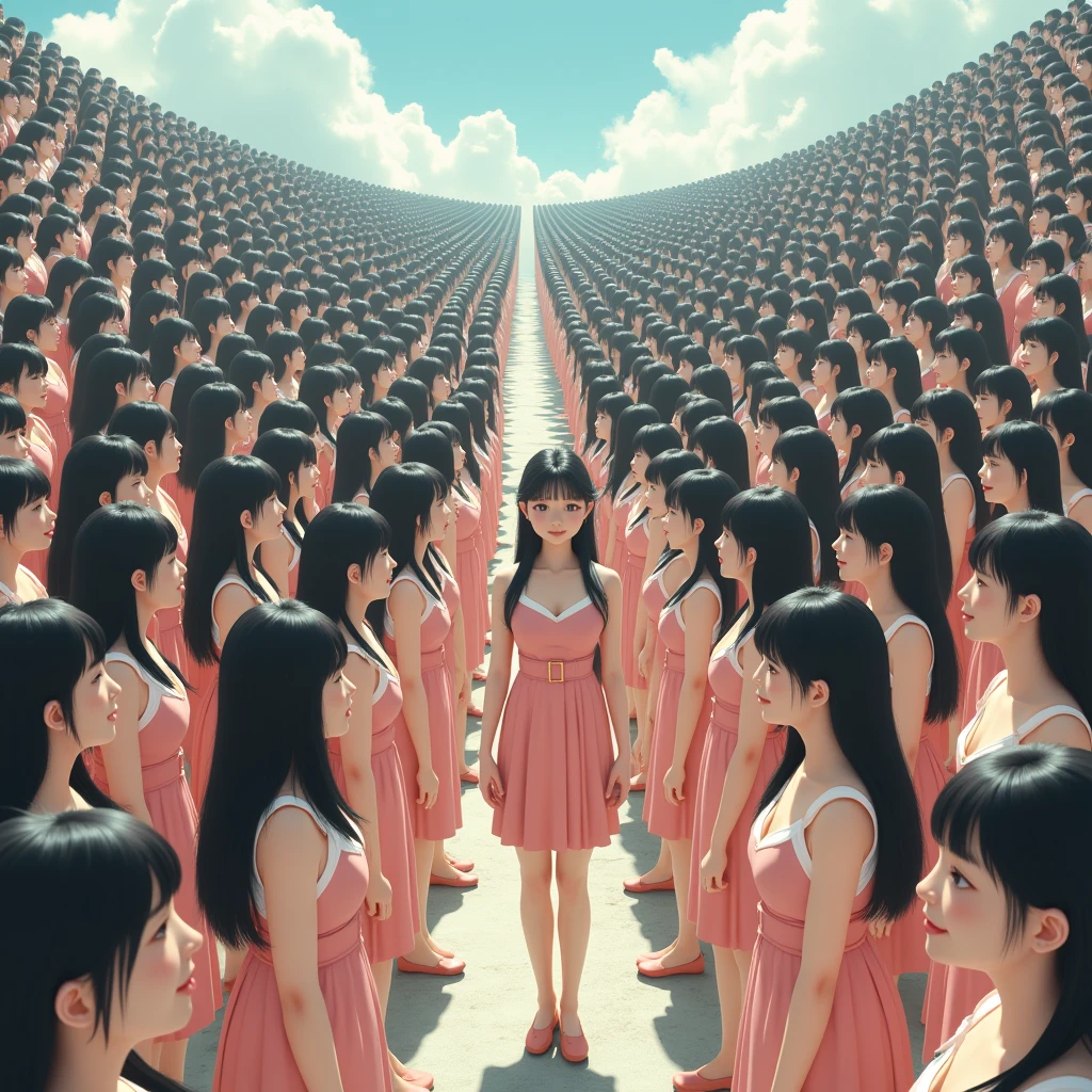 (((((Japanese Clone girls=Myself)))))), (((Best Super High quality Myself Clone girls Raw Photography Art))), (16K, Highest quality, Ultra-high resolution, RAW Photos), (((It&#39;s so unrealistic., With unparalleled depiction, With an unfathomable sight, An unprecedented and shocking worldview, Clone girls in a world of mass reproduction, Ultra-realistic))), (((Japanese, woman, 20yo, Saito-Asuka))), (Small face, ((Thick black hair, Semi-long hair))), ((V-neck short-sleeve dress)), (((((Very detailed美しい女体, Accurate body structure, Very detailed完璧な, Super busty body with very large breasts, Clearly emphasizes cleavage))))), (((Dark Eyes, Mature face, Cute Smile, A gentle gaze))), (((Her happy and smiling expression is so cute))), ((((((((Very detailed分身増殖描写, ((1girl→Myself cloning→1,000,000,000,000,000,000,000,000,000,000,000,000,000,000,000,000,000,000,000,000Myself Clone girls)))))))))), ((((((((Very detailed, The precise depiction of the proliferation of Myself Clone girls, ((With the perfectly identical bodies of Myself clone girls, With the exact same face as the Myself clone girls, With the exact same hairstyle as the Myself clone girls, In the exact same clothes as the girls who are my clones, Perfectly the same height as the Myself clone girls, Super big breasts, just like the Myself clone girls)))))))))), (((Myself clone girls only))), (((Multiple pairs, Very detailed depiction, (Myself clone girls hug each other, Myself clone girls assemble, Fun conversations with fellow Myself clone girls, A fun conversation between Myself clone girls, Myself clone girls holding hands, Walking with lots of Myself clone girls, turn around, look at me, The approaching crowd of Myself)))), (((Everyone looks at the camera))), (((Unbelievably crowded, Transcendent Myself clone girls intimately, Countless Myself clone girls surround you in 360 degrees))), (Bright, soft sunlight), (((Very wide field of view, Very detailed, Detailed ultra-perspective depiction with clear depth, super wide view))), (((((A landscape with a steeply curved slope))))), (((Very photographic and detailed depiction, Myself clone girls will multiply infinitely and fill the surroundings from one side to the horizon with their bodies tightly packed together without any gaps., A scene of endless Myself clone girls, giving a happy vibe.))), (Focus on the average value of the image)