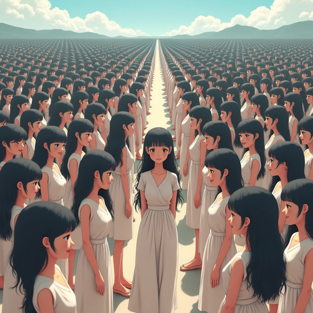 (((((Japanese Clone girls=Myself)))))), (((Best Super High quality Myself Clone girls Raw Photography Art))), (16K, Highest quality, Ultra-high resolution, RAW Photos), (((It's so unrealistic., With unparalleled depiction, With an unfathomable sight, An unprecedented and shocking worldview, Clone girls in a world of mass reproduction, Ultra-realistic))), (((Japanese, woman, 20yo, Saito-Asuka))), (Small face, ((Thick black hair, Semi-long hair))), ((V-neck short-sleeve dress)), (((((Very detailed美しい女体, Accurate body structure, Very detailed完璧な, Super busty body with very large breasts, Clearly emphasizes cleavage))))), (((Dark Eyes, Mature face, Cute Smile, A gentle gaze))), (((Her happy and smiling expression is so cute))), ((((((((Very detailed分身増殖描写, ((1girl→Myself cloning→1,000,000,000,000,000,000,000,000,000,000,000,000,000,000,000,000,000,000,000,000Myself Clone girls)))))))))), ((((((((Very detailed, The precise depiction of the proliferation of Myself Clone girls, ((With the perfectly identical bodies of Myself clone girls, With the exact same face as the Myself clone girls, With the exact same hairstyle as the Myself clone girls, In the exact same clothes as the girls who are my clones, Perfectly the same height as the Myself clone girls, Super big breasts, just like the Myself clone girls)))))))))), (((Myself clone girls only))), (((Multiple pairs, Very detailed depiction, (Myself clone girls hug each other, Myself clone girls assemble, Fun conversations with fellow Myself clone girls, A fun conversation between Myself clone girls, Myself clone girls holding hands, Walking with lots of Myself clone girls, turn around, look at me, The approaching crowd of Myself)))), (((Everyone looks at the camera))), (((Unbelievably crowded, Transcendent Myself clone girls intimately, Countless Myself clone girls surround you in 360 degrees))), (Bright, soft sunlight), (((Very wide field of view, Very detailed, Detailed ultra-perspective depiction with clear depth, super wide view))), (((((A landscape with a steeply curved slope))))), (((Very photographic and detailed depiction, Myself clone girls will multiply infinitely and fill the surroundings from one side to the horizon with their bodies tightly packed together without any gaps., A scene of endless Myself clone girls, giving a happy vibe.))), (Focus on the average value of the image)