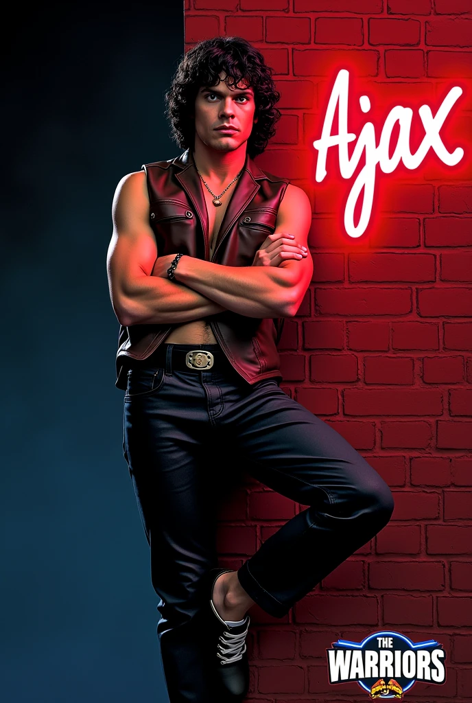 film The Warriors 1979 Stylized poster featuring a man (James Remar) leaning against a red brick wall. The man has fair skin, short dark hair and a serious expression. He is wearing a sleeveless brown leather vest, a black belt with a large buckle, and dark pants. His arms are crossed with his foot resting on the wall. The background is a dark blue to black gradient, transitioning into the red brick wall. The word 'AJAX' is displayed in bright blue neon letters in the top right corner. In the bottom right corner, there is a red and white logo with the text 'The Warriors' in a graffiti style font.