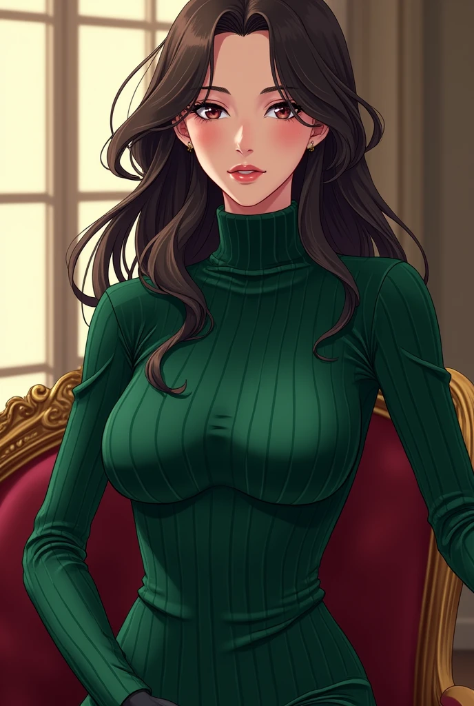 a solo portrait anime beautiful super healthy toned elegant glamorous noble billionaire fashion-model regal Chizuru Mizuhara wearing extreme sleek (luxurious fine emerald-green-black colored fine-textured plush velour turtleneck ribbed gown sweater), she is wearing (velvet gloves), (maroon velvet elegant shoes), she exudes feminine energy love, manga style, supreme high quality.