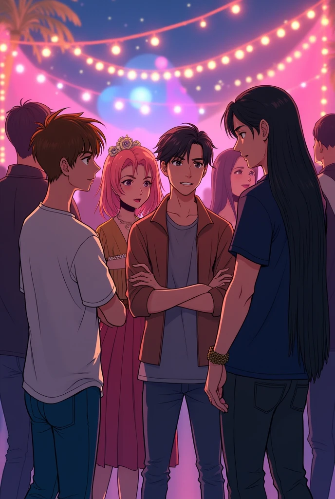 at the party, the brown haired boy, conversation, the boy with blond hair, Cao Cao, together with her boyfriend, 190 tall, long black black hair, brawny, broad-shouldered. kim who has the same features, ours, a Korean, pink hair, stylish, e fa do bts, everyone was having fun
