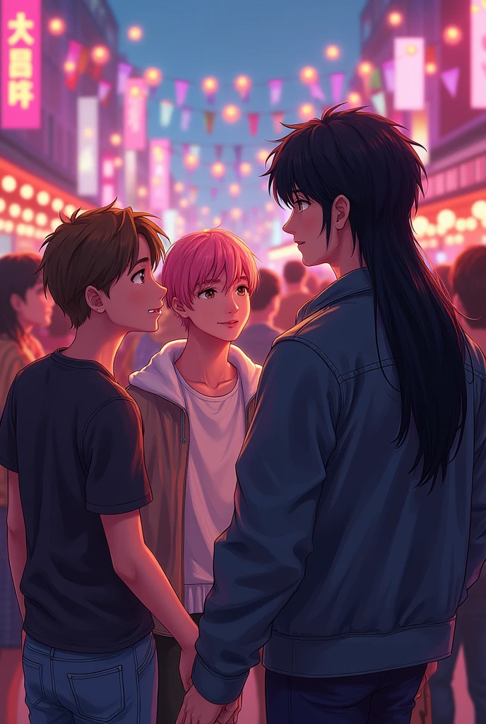 at the party, the brown haired boy, conversation, the boy with blond hair, Cao Cao, together with her boyfriend, 190 tall, long black black hair, brawny, broad-shouldered. kim who has the same features, ours, a Korean, pink hair, stylish, e fa do bts, everyone was having fun