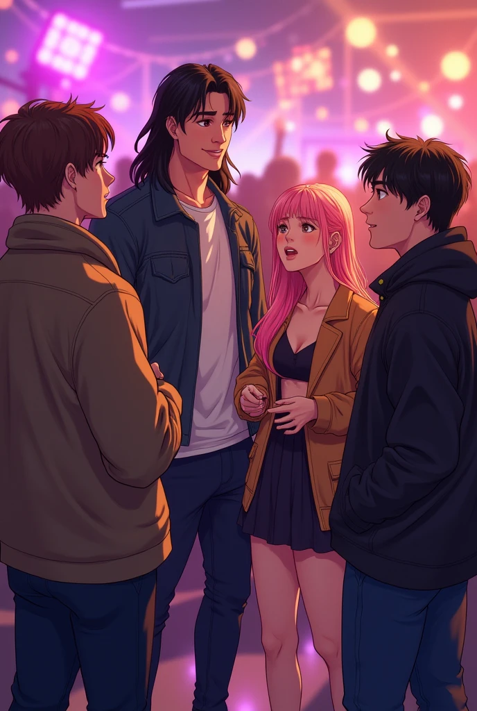 at the party, the brown haired boy, conversation, the boy with blond hair, Cao Cao, together with her boyfriend, 190 tall, long black black hair, brawny, broad-shouldered. kim who has the same features, ours, a Korean, pink hair, stylish, e fa do bts, everyone was having fun