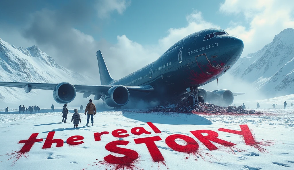 A large airplane  The plane is lying crushed in the snowy mountains. Blood is scattered on the snow around it. Some human dead bodies are lying there. The color of the plane is dark blue.The plane is broken from the front, smoke is coming out of the plane The real story is written in big letters on this plan.