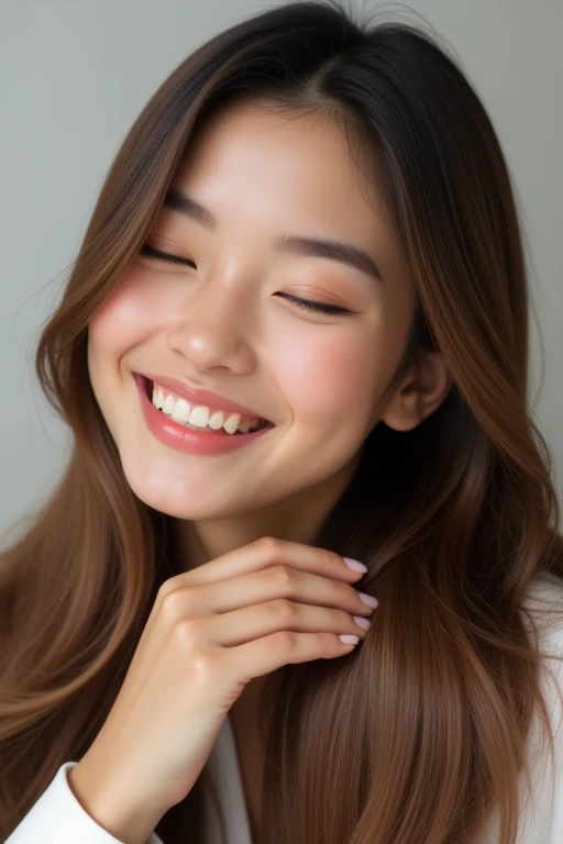 A woman with straight hair, shiny and healthy, smiling and touching her hair with satisfaction, PICTURE REALISTIC