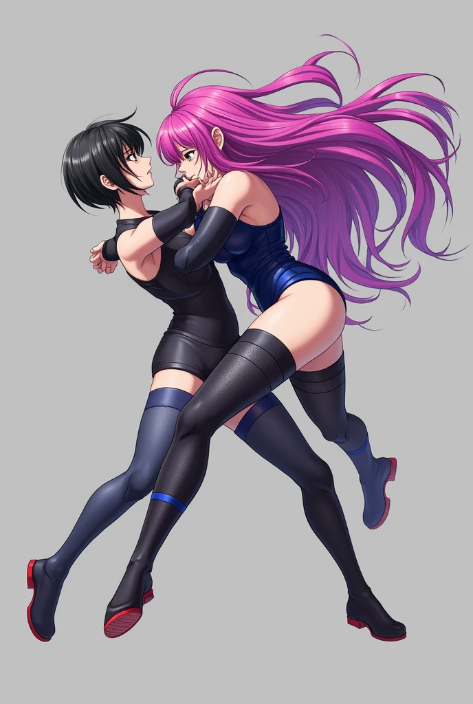 Make an 1 wrestling girl , black short hair bangs , black and dark blue gear  , with an other girl with pink and purple  hair with dark blue gear , gray background 