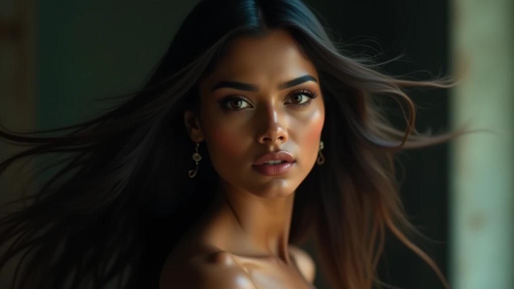 a beautiful mysterious Indian woman, Western fashion, intricate detailed face, piercing eyes, long eyelashes, delicate skin, natural beauty, flowing hair, candid elegant pose, dramatic lighting, cinematic mood, muted color palette, chiaroscuro lighting, high quality, photorealistic, 8k, intricate details, professional rendering