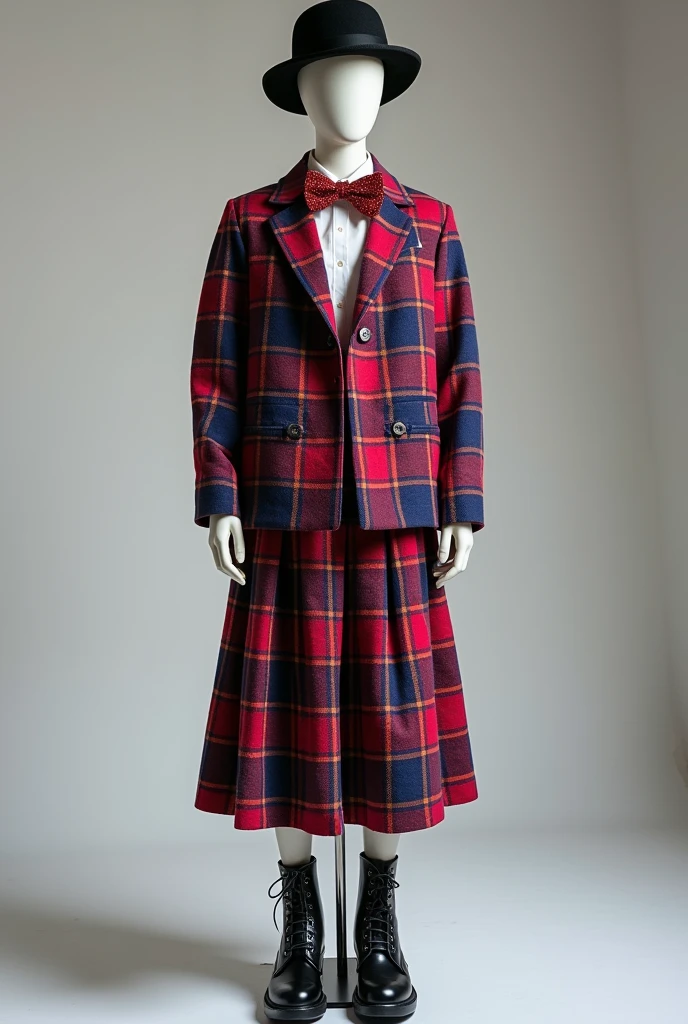 A mannequin wearing a Korean school uniform: a red and blue plaid topcoat waist-length that is not buttoned, a red and blue plaid skirt, a red glittery bow tie, black lace-up boots, and a black bowler hat.
