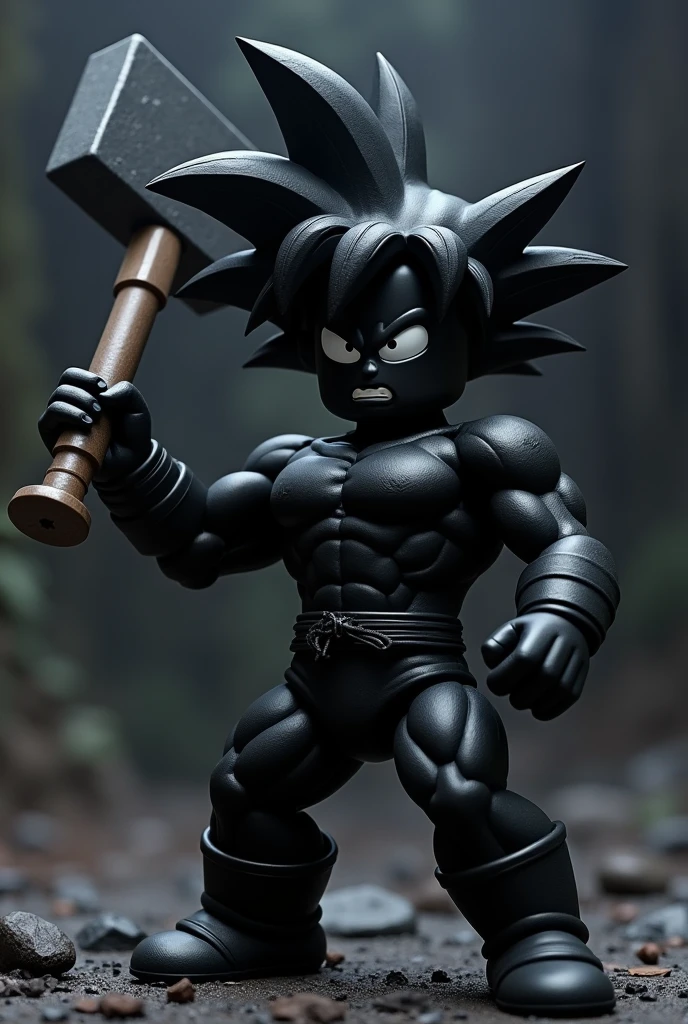 All black Roblox body with black hair of goku holding a sledgehammer