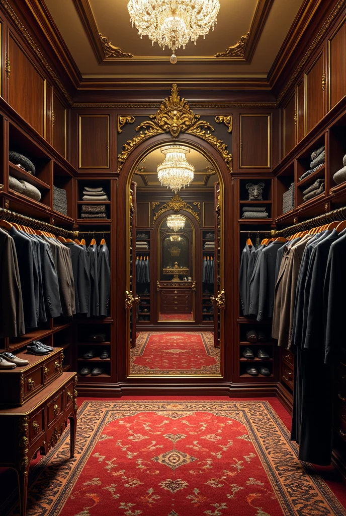 Generate image of a huge closet, worthy of a closet of someone with a lot of power like a Mafia boss