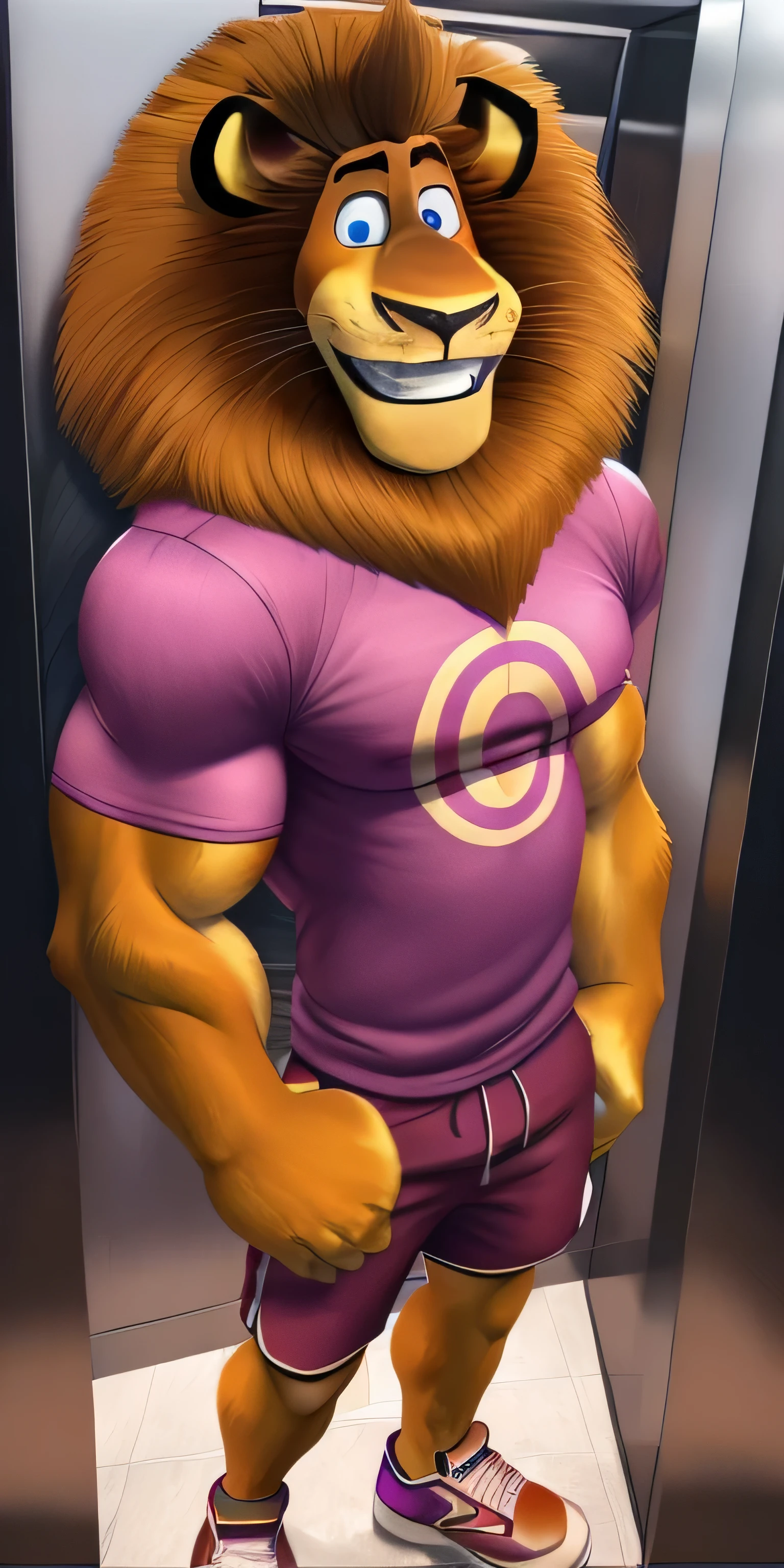 Alex the Lion, muscular body, big biceps, extremely beautiful and cute face, perfectly detailed blue eyes with perfectly detailed pupils, wears purple sweatshirt, pink cargo shorts, red sneakers, elevator background, selfie, friendly look, smile